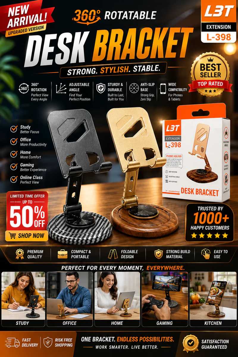 L3T L-398 Adjustable Metal Desk Phone Holder Stand - Versatile & Foldable Mobile Stand for Effortless Access
