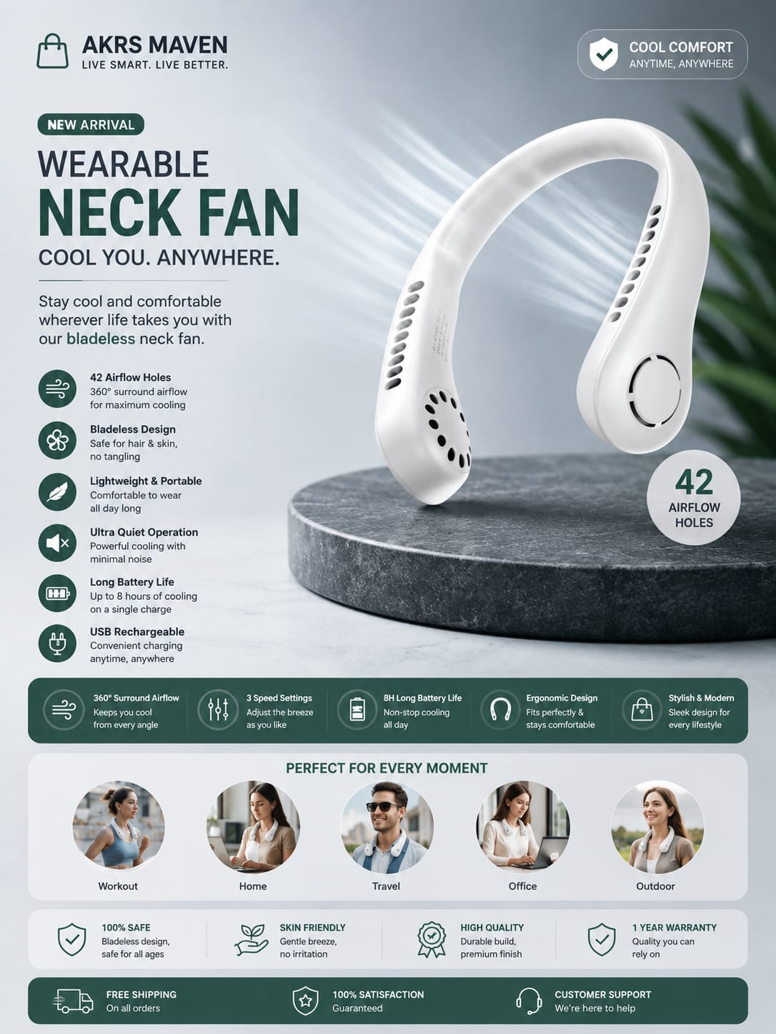Portable Neck Fan - Rechargeable Wireless Bladeless Personal Fan